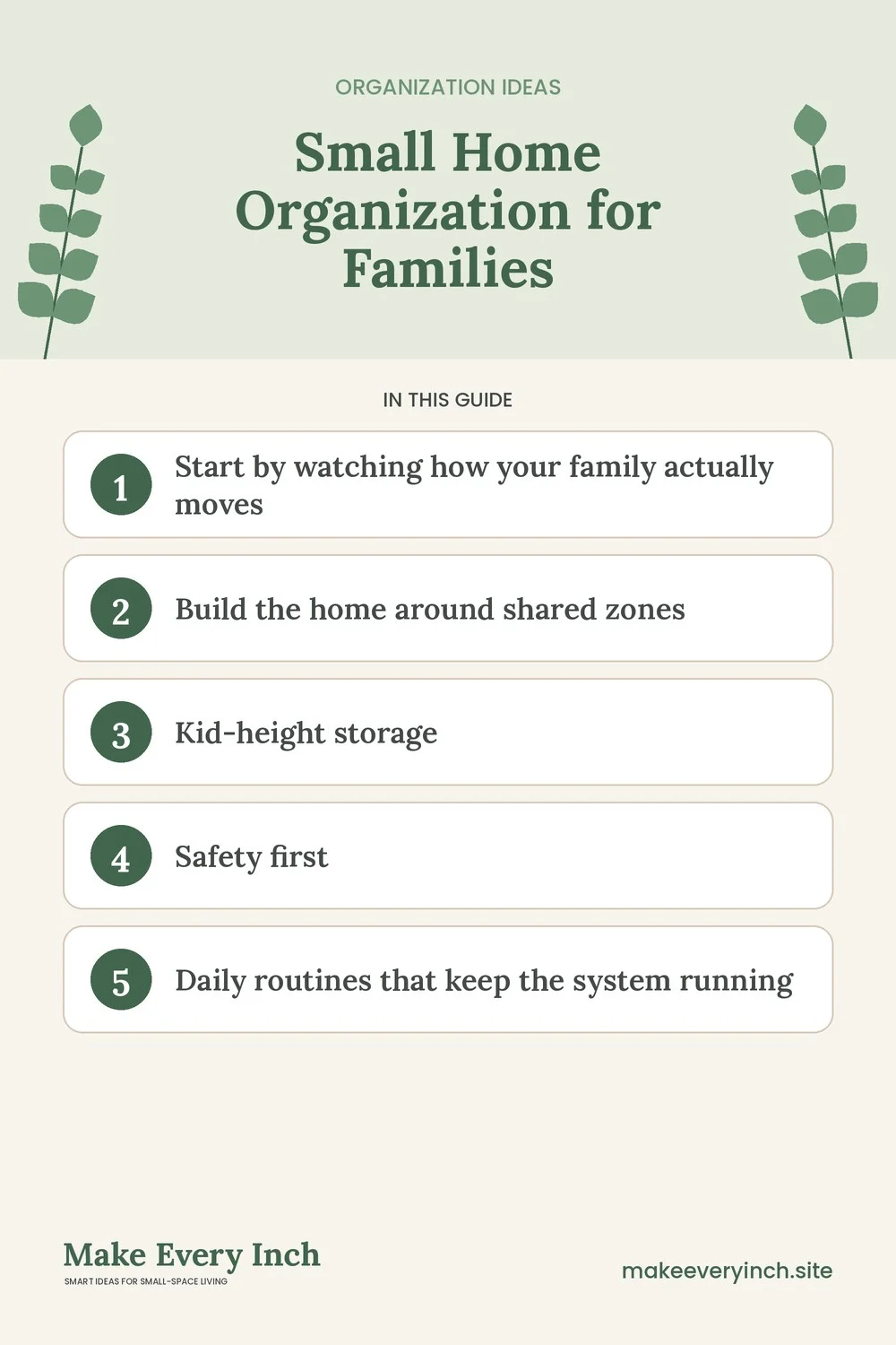 Pinterest pin listing the main topics in: Small Home Organization for Families