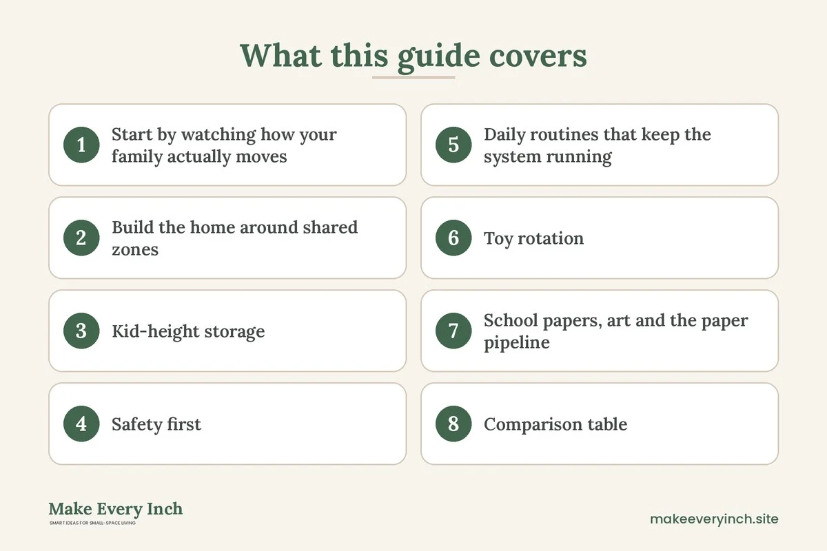Graphic listing 8 topics covered in: Small Home Organization for Families
