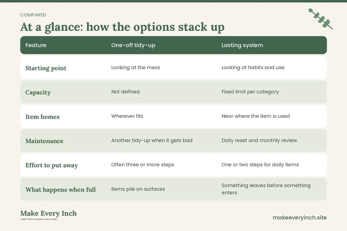 Comparison table of options for: Small Home Organization Ideas That Actually Last (Feature, One-off tidy-up, Lasting system)