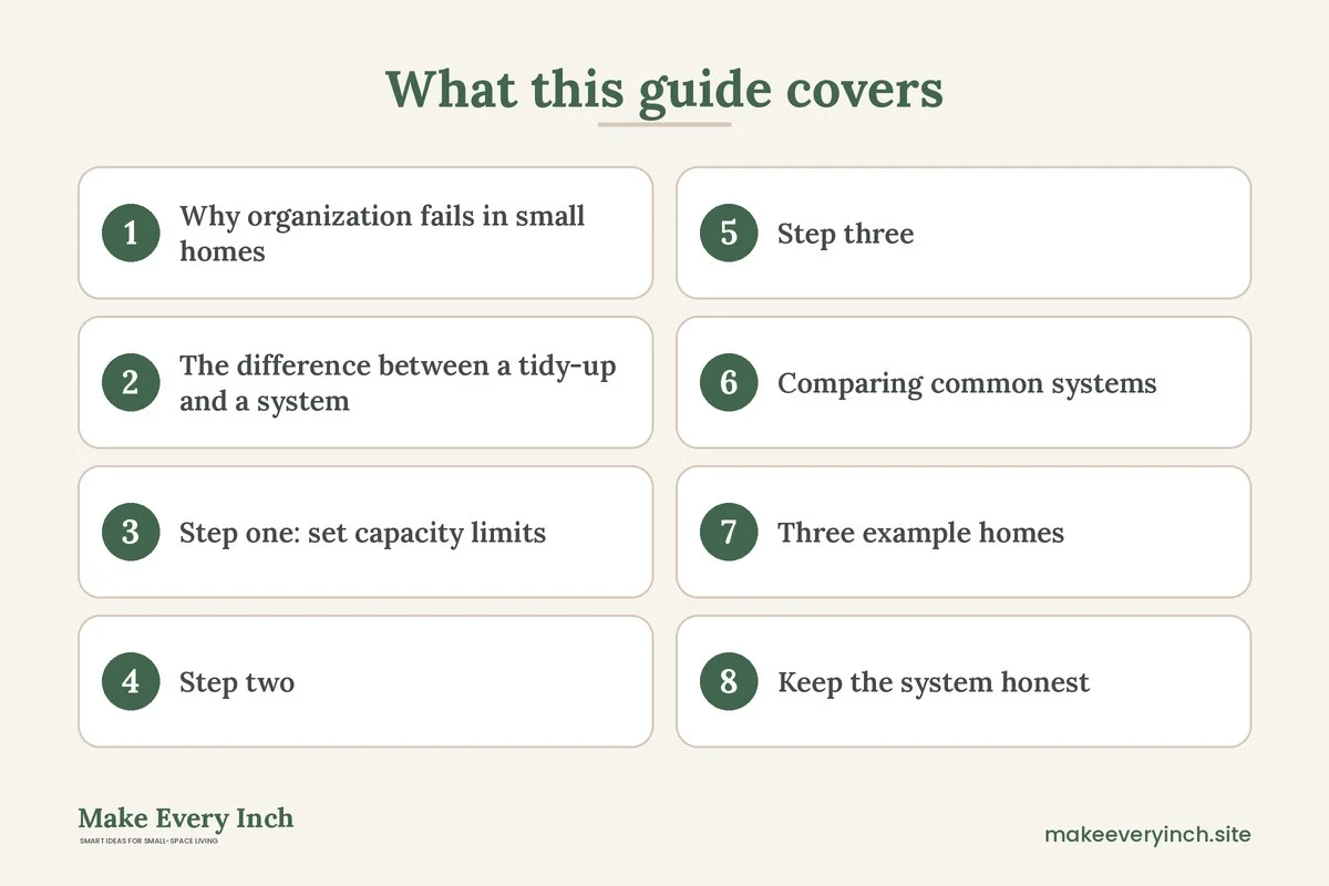 Graphic listing 8 topics covered in: Small Home Organization Ideas That Actually Last