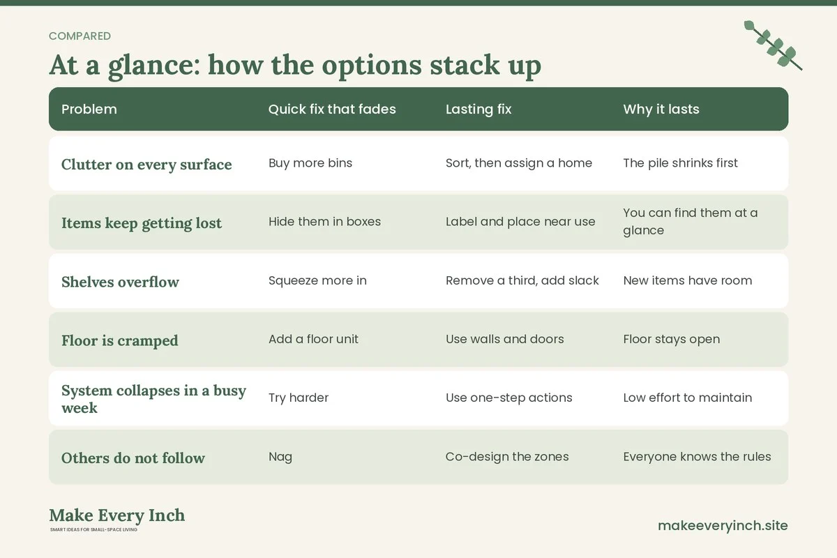 Comparison table of options for: Small Home Organization Mistakes to Avoid (Problem, Quick fix that fades, Lasting fix, Why it lasts)