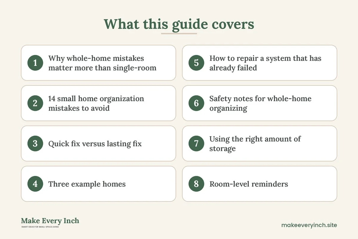 Graphic listing 8 topics covered in: Small Home Organization Mistakes to Avoid