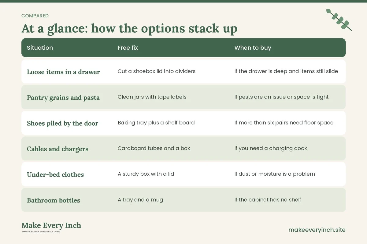 Comparison table of options for: Small Home Organization Without Buying Bins (Situation, Free fix, When to buy)