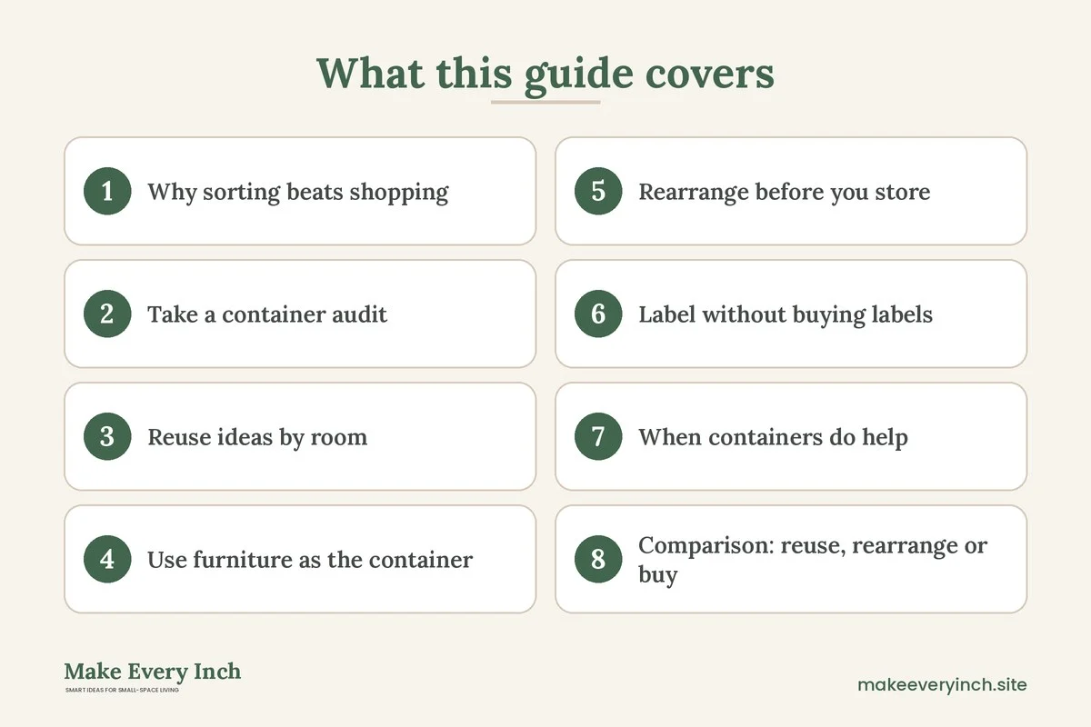 Graphic listing 8 topics covered in: Small Home Organization Without Buying Bins