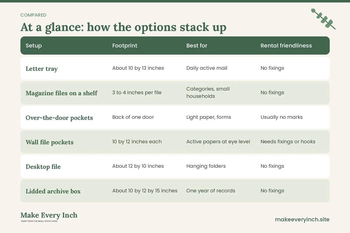 Comparison table of options for: Small Home Paper Organization Ideas (Setup, Footprint, Best for, Rental friendliness)