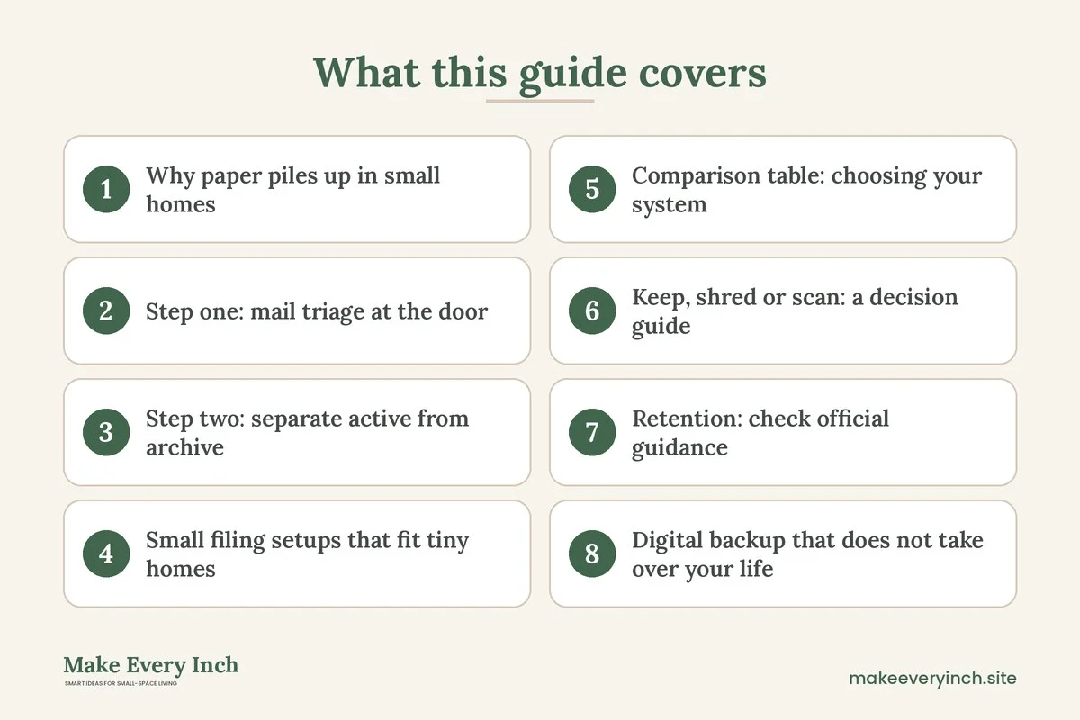 Graphic listing 8 topics covered in: Small Home Paper Organization Ideas