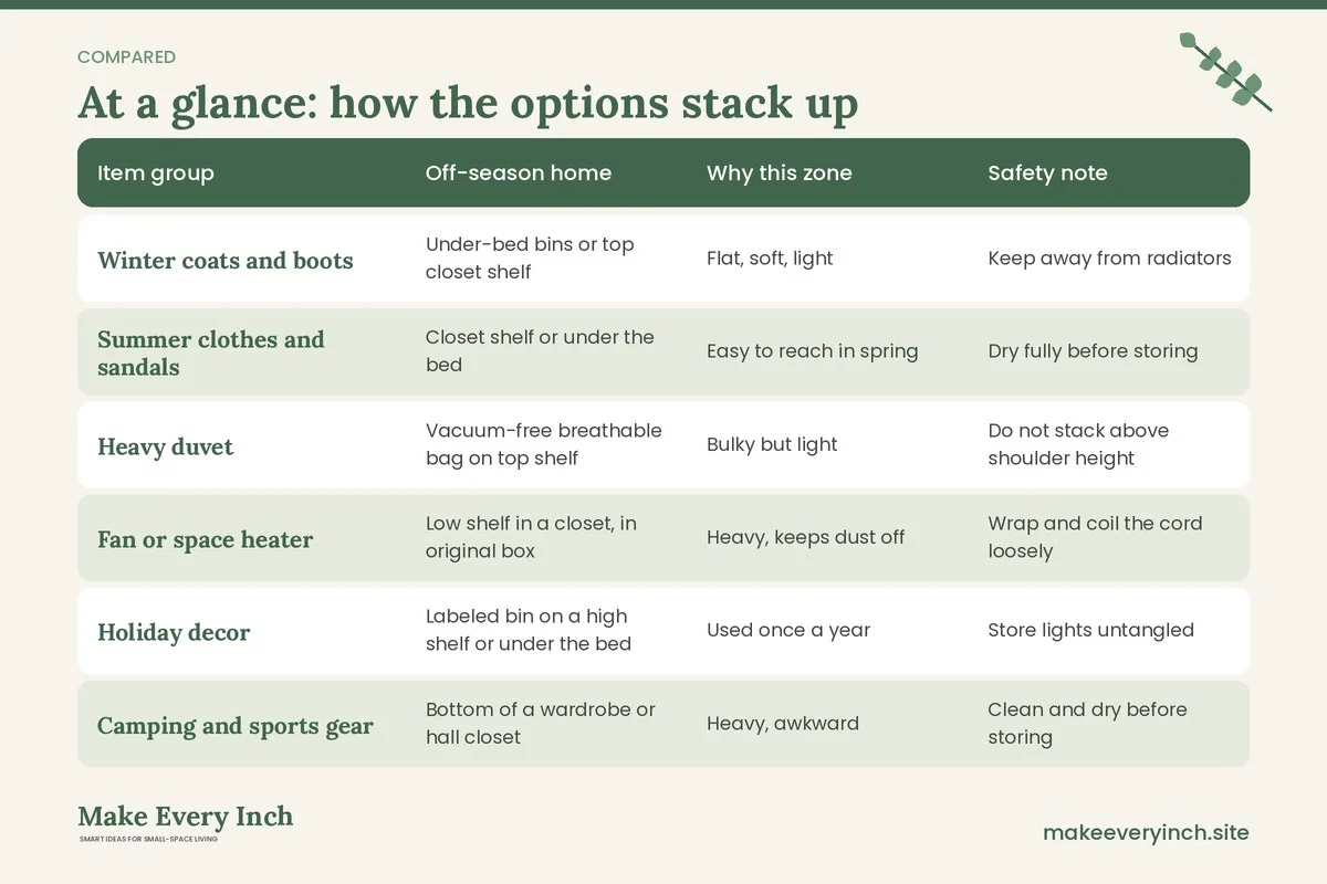 Comparison table of options for: Small Home Seasonal Storage Ideas for Rotating Gear Without Losing Floor Space (Item group, Off-season home, Why this zone, Safety note)