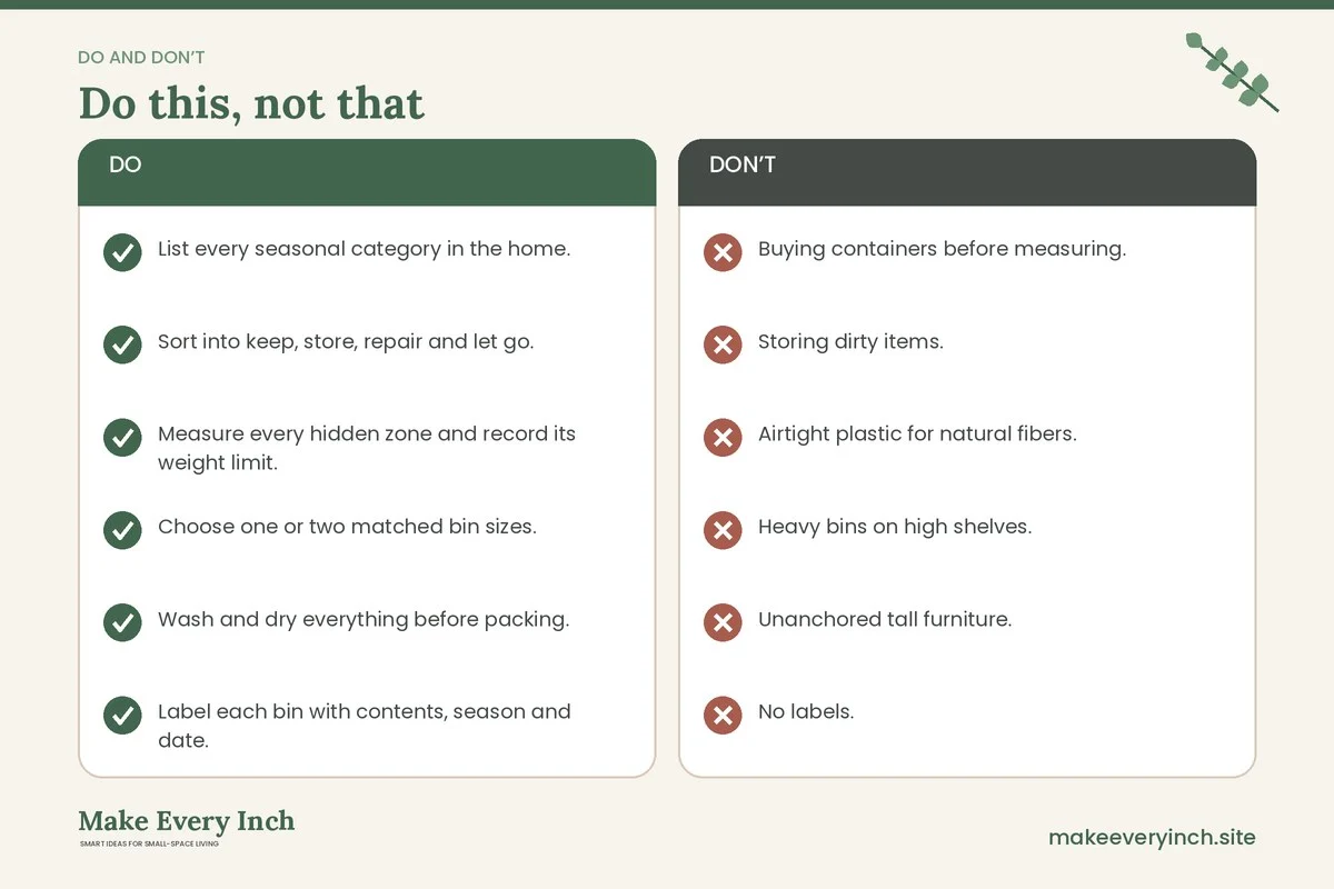 Do and don't checklist for: Small Home Seasonal Storage Ideas for Rotating Gear Without Losing Floor Space