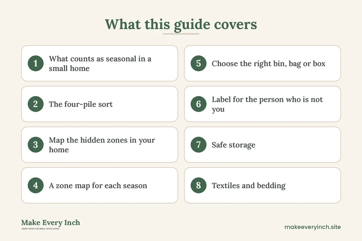Graphic listing 8 topics covered in: Small Home Seasonal Storage Ideas for Rotating Gear Without Losing Floor Space