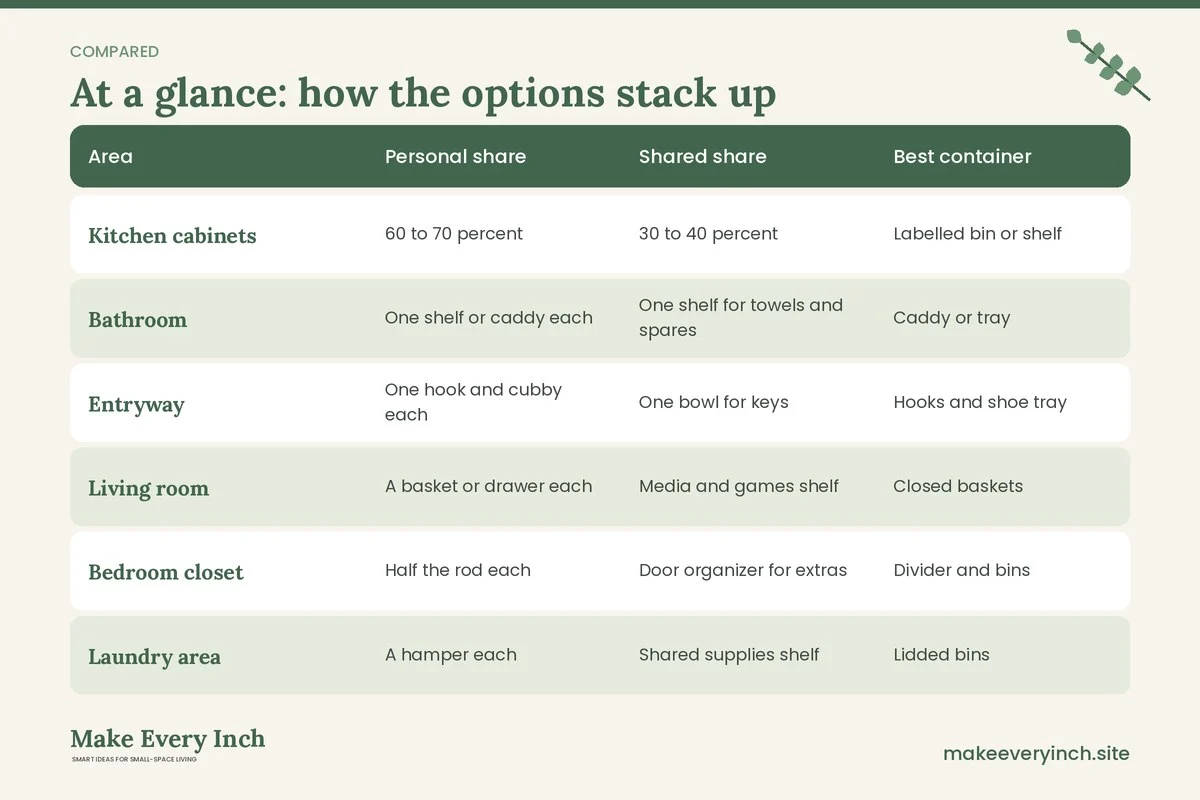 Comparison table of options for: Small Home Storage for Shared Spaces (Area, Personal share, Shared share, Best container)