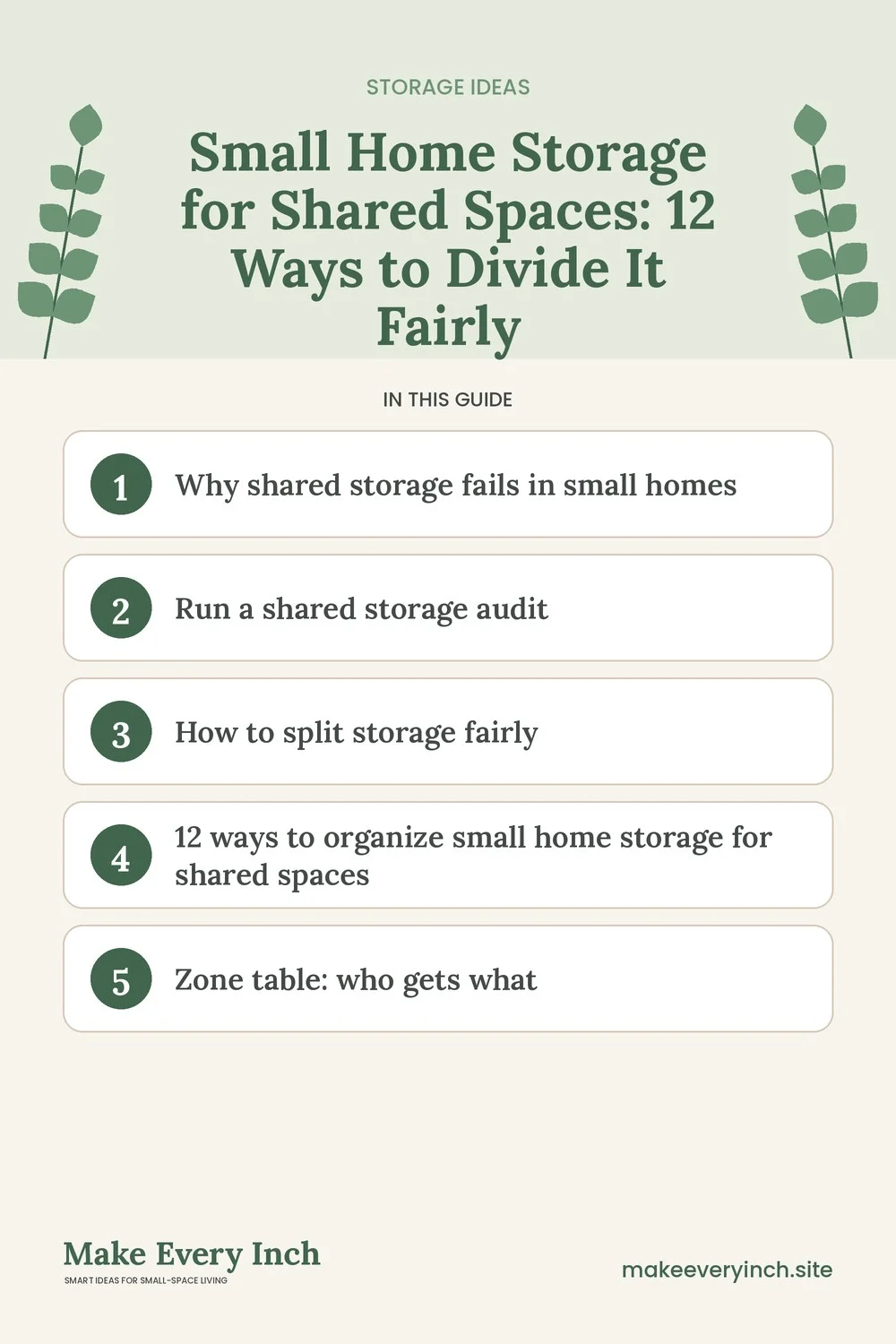 Pinterest pin listing the main topics in: Small Home Storage for Shared Spaces