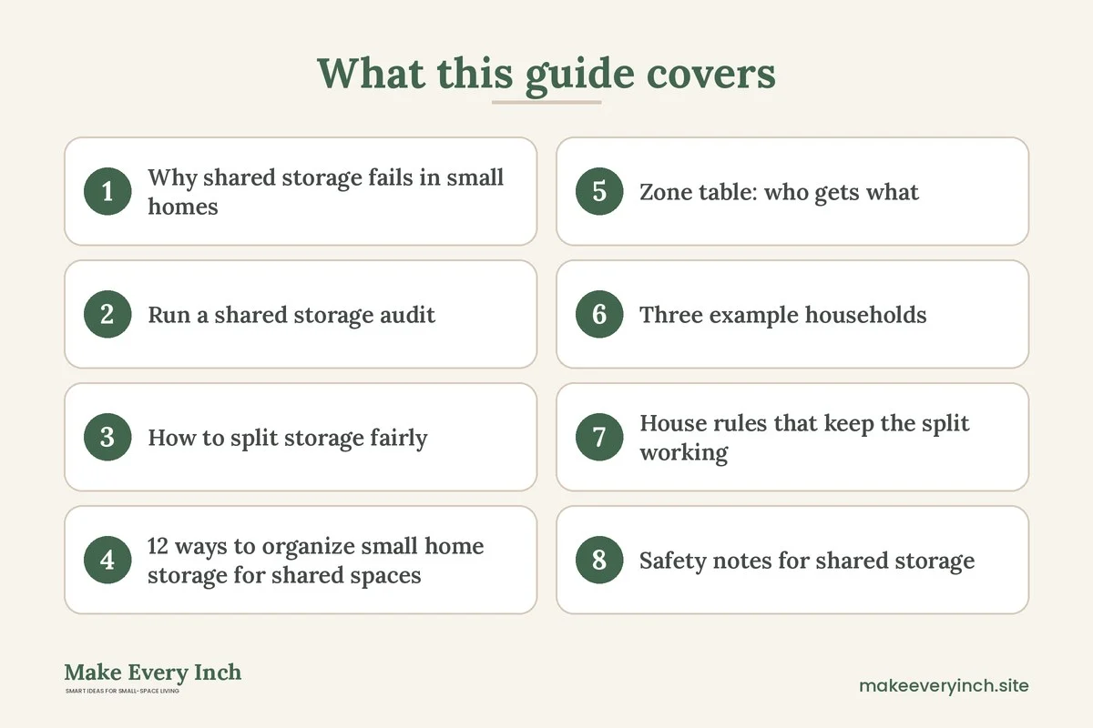 Graphic listing 8 topics covered in: Small Home Storage for Shared Spaces