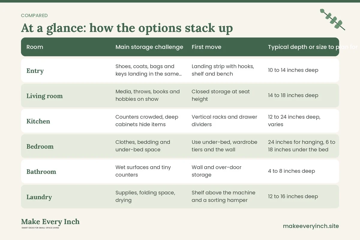 Comparison table of options for: Small Home Storage Ideas for Every Room (Room, Main storage challenge, First move, Typical depth or size to plan for)