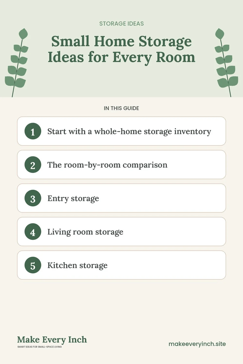Pinterest pin listing the main topics in: Small Home Storage Ideas for Every Room