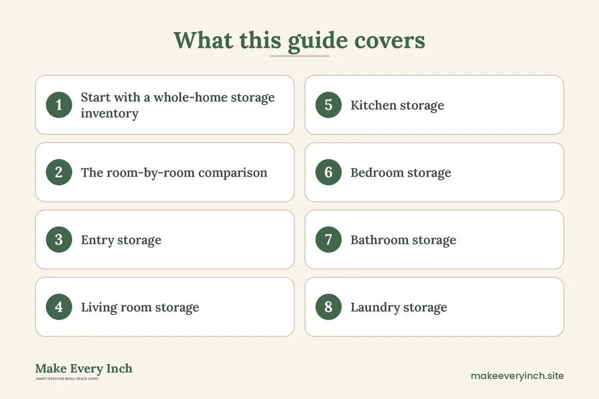 Graphic listing 8 topics covered in: Small Home Storage Ideas for Every Room