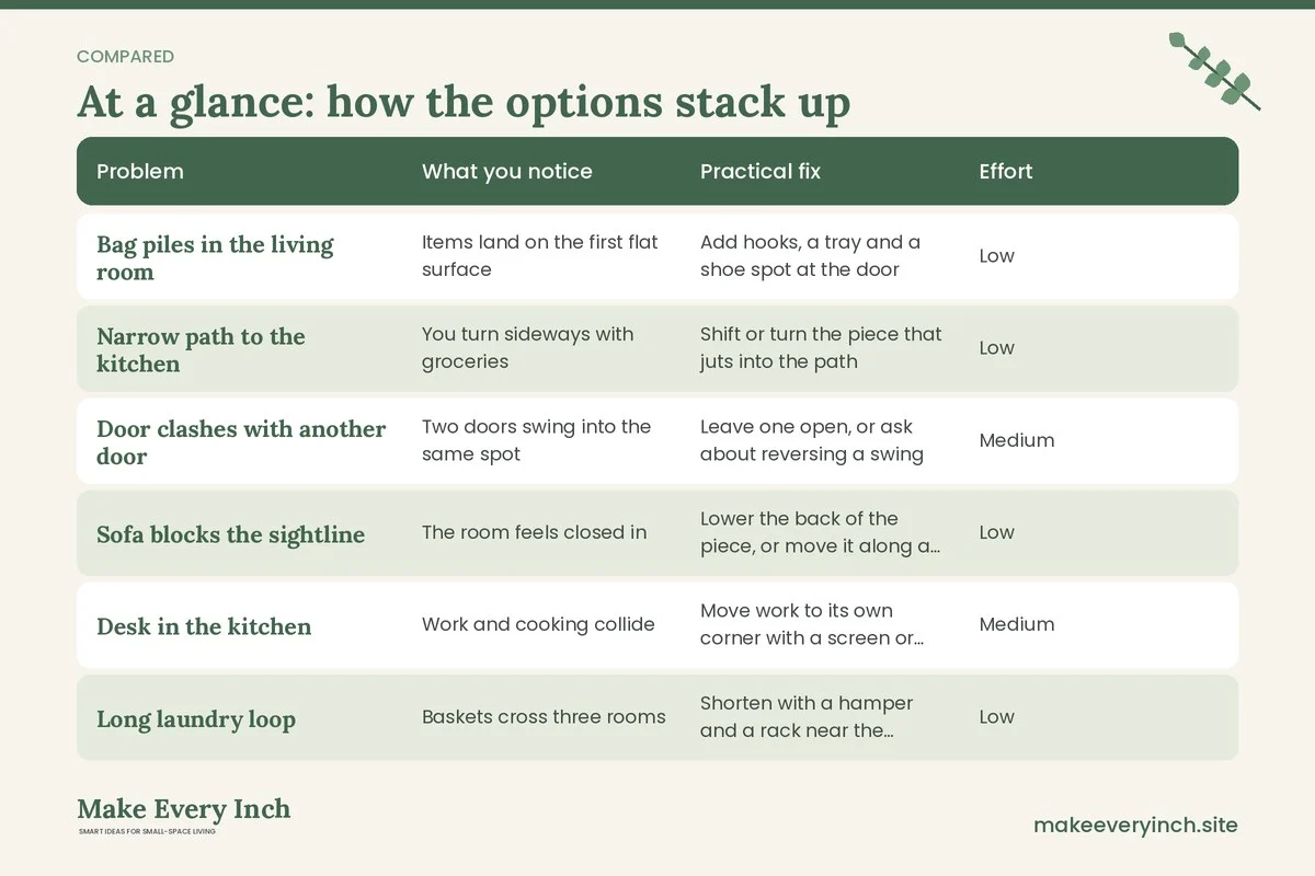Comparison table of options for: 12 Small House Layout Ideas That Improve Everyday Flow (Problem, What you notice, Practical fix, Effort)