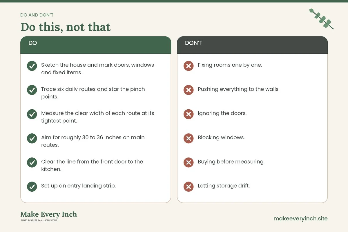 Do and don't checklist for: 12 Small House Layout Ideas That Improve Everyday Flow