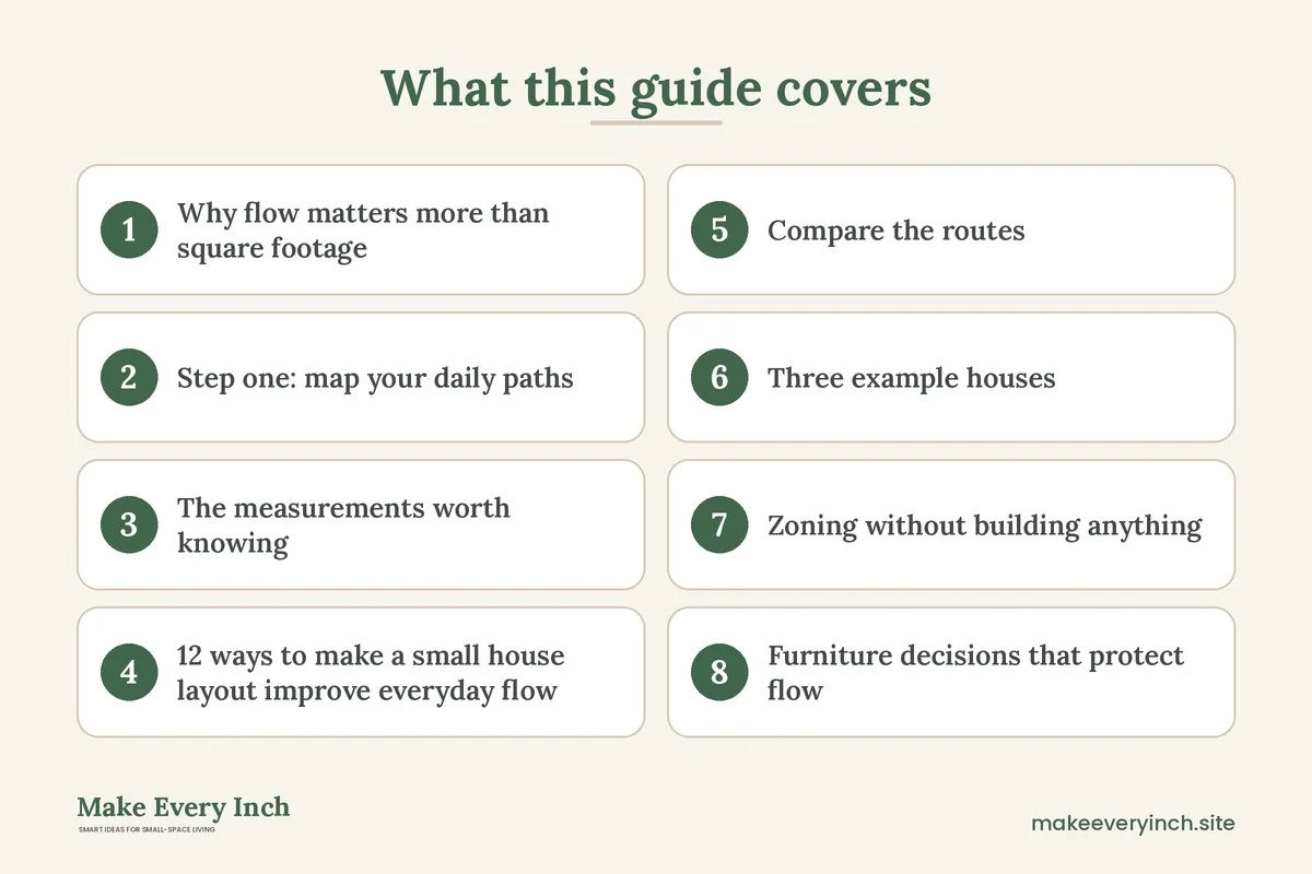 Graphic listing 8 topics covered in: 12 Small House Layout Ideas That Improve Everyday Flow