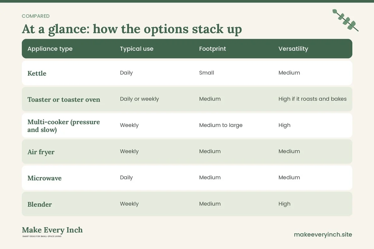 Comparison table of options for: Small Kitchen Appliances Worth the Space (Appliance type, Typical use, Footprint, Versatility)