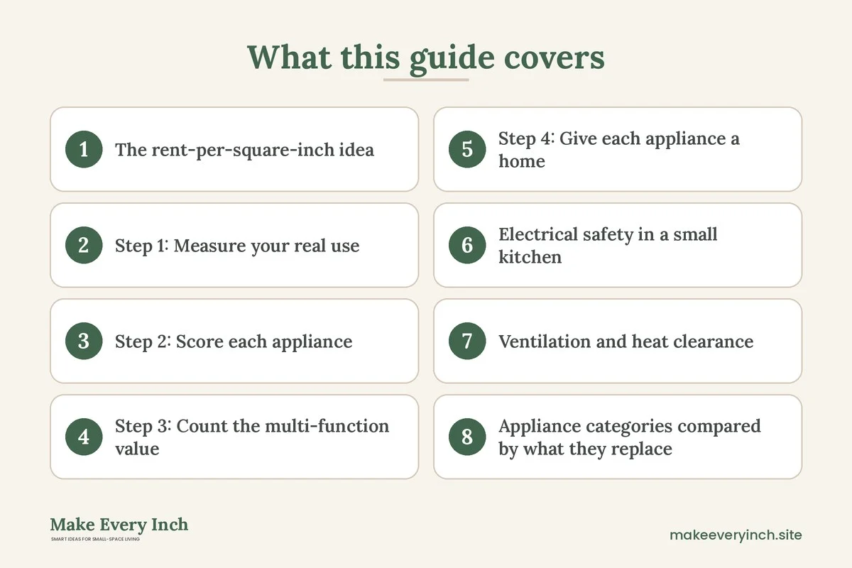 Graphic listing 8 topics covered in: Small Kitchen Appliances Worth the Space