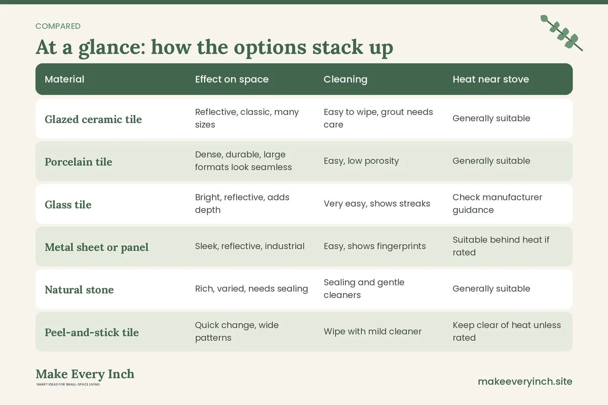 Comparison table of options for: Small Kitchen Backsplash Ideas for Small Spaces (Material, Effect on space, Cleaning, Heat near stove)