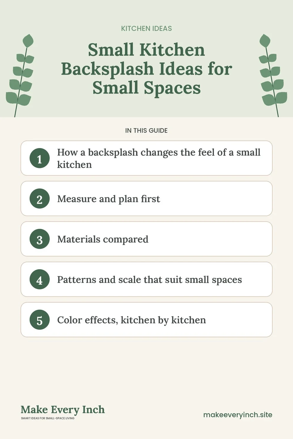 Pinterest pin listing the main topics in: Small Kitchen Backsplash Ideas for Small Spaces