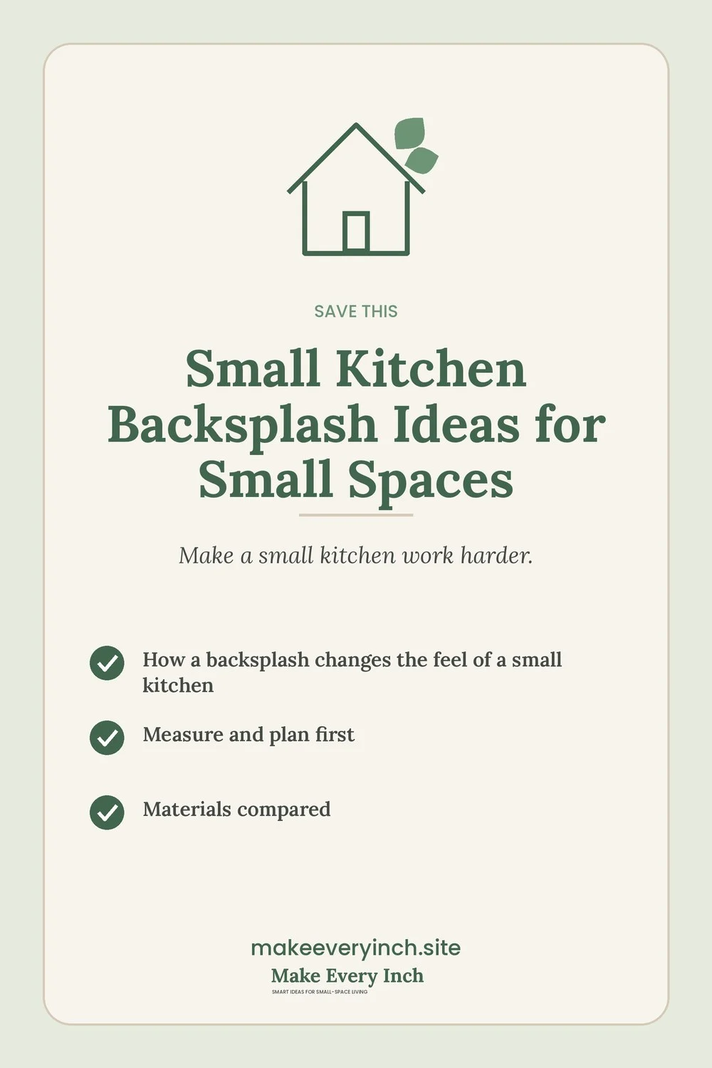 Save-this Pinterest pin with a short checklist for: Small Kitchen Backsplash Ideas for Small Spaces