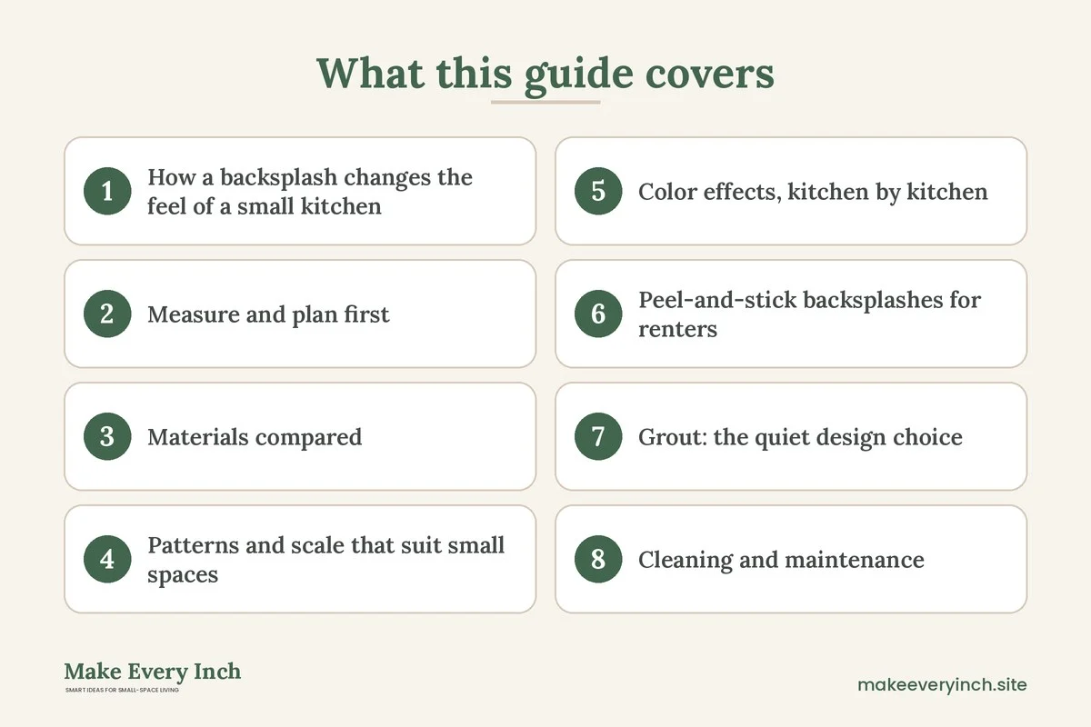 Graphic listing 8 topics covered in: Small Kitchen Backsplash Ideas for Small Spaces