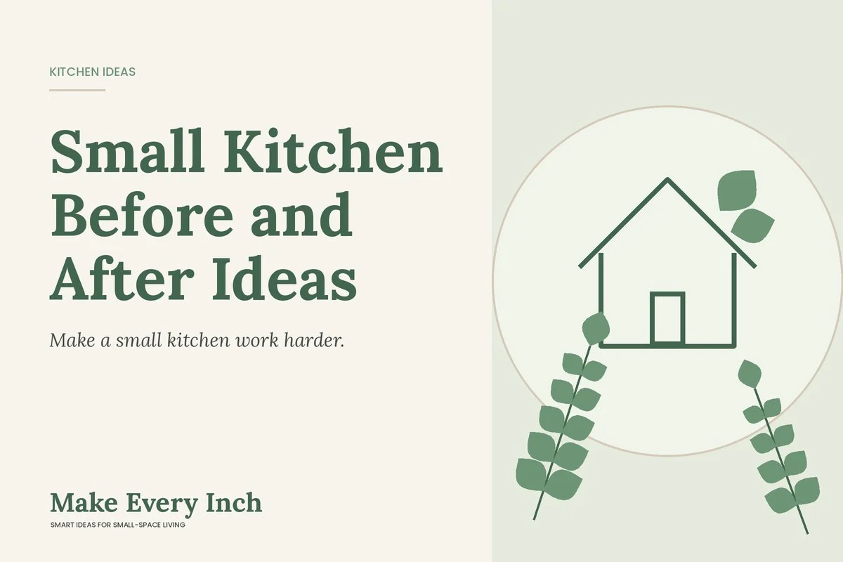 Small Kitchen Before and After Ideas, Make Every Inch cover with a house and leaf illustration