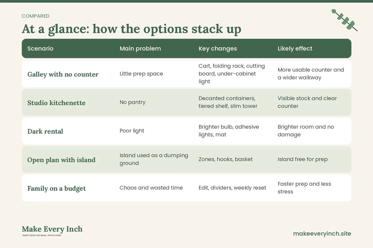 Comparison table of options for: Small Kitchen Before and After Ideas (Scenario, Main problem, Key changes, Likely effect)