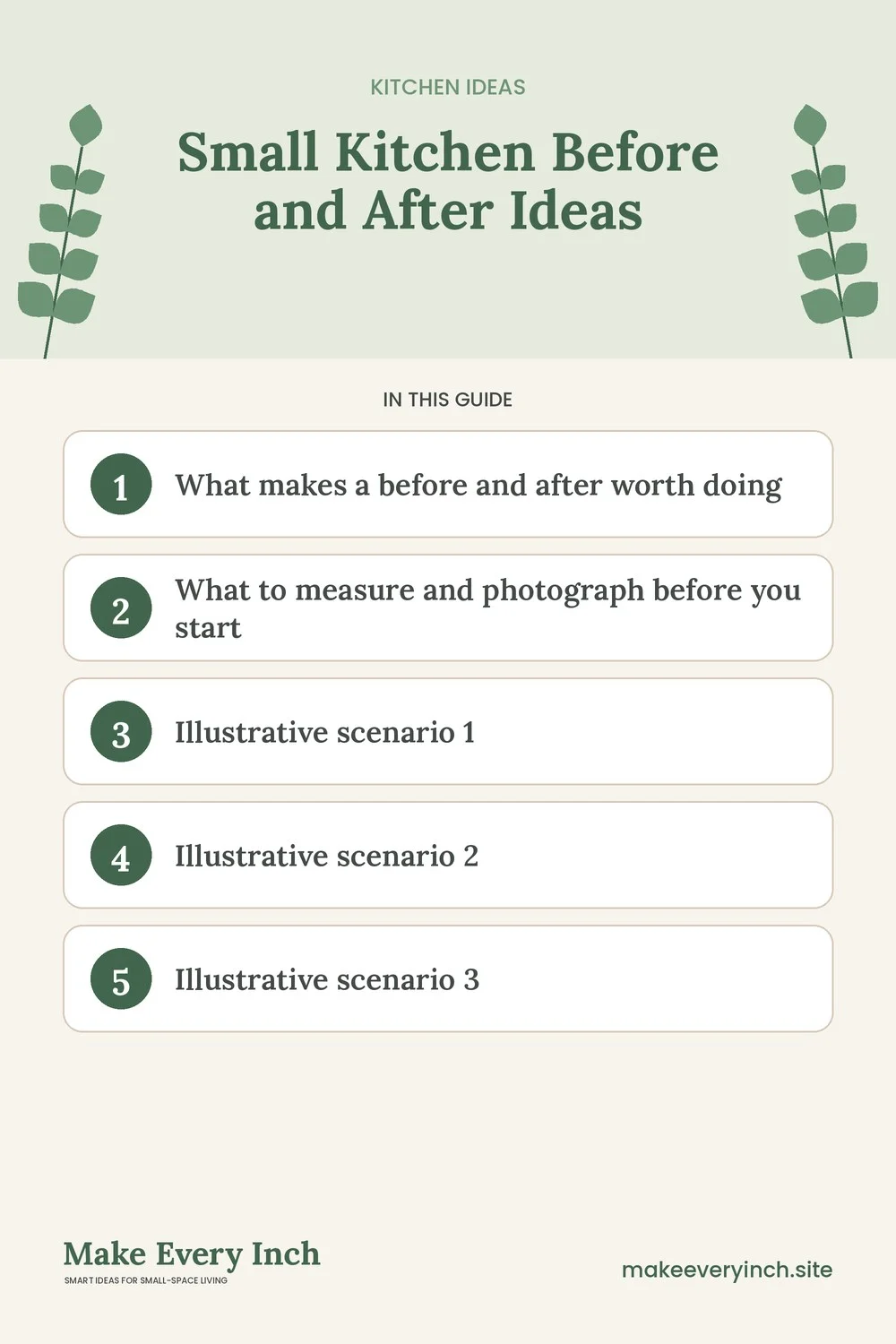 Pinterest pin listing the main topics in: Small Kitchen Before and After Ideas