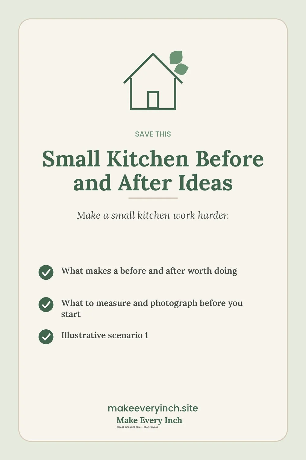 Save-this Pinterest pin with a short checklist for: Small Kitchen Before and After Ideas
