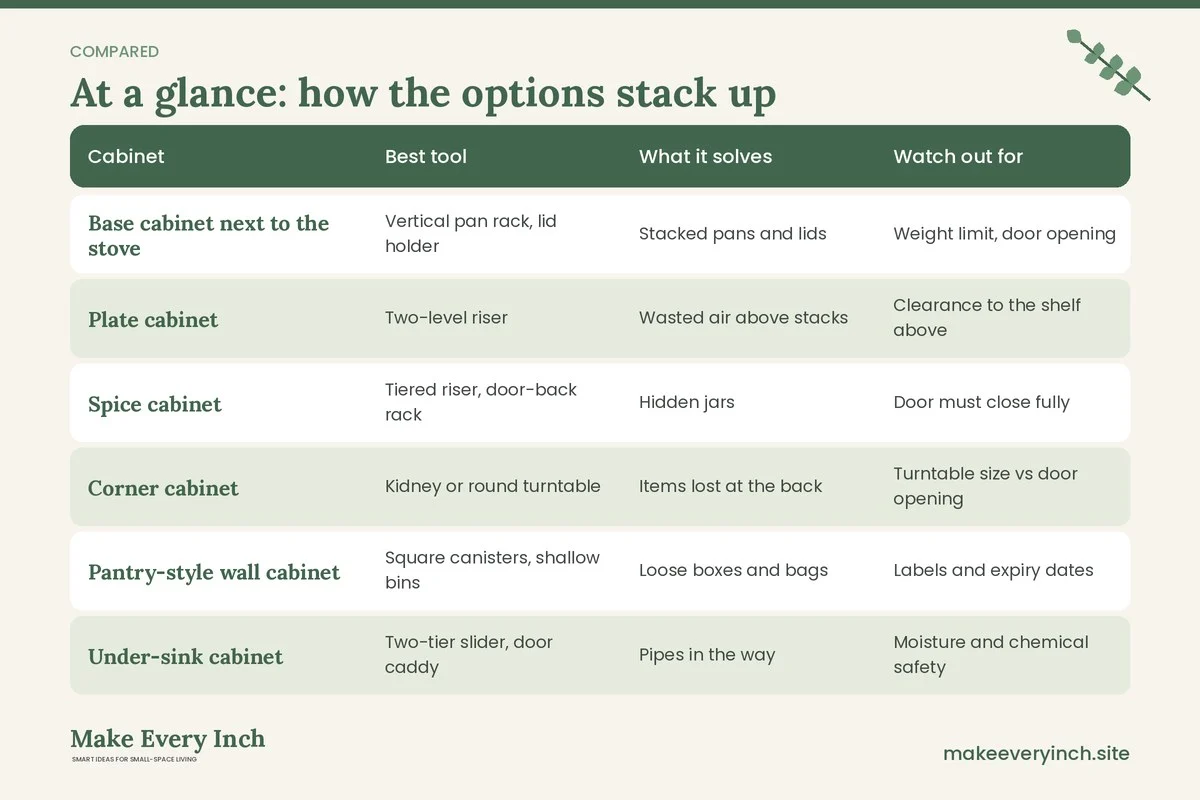 Comparison table of options for: Small Kitchen Cabinet Organization Ideas (Cabinet, Best tool, What it solves, Watch out for)