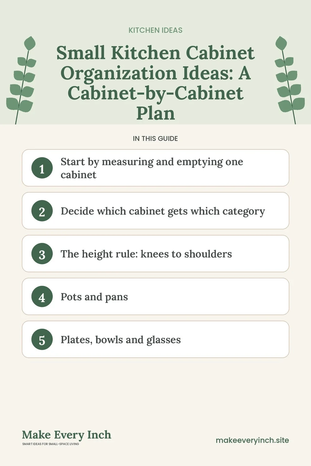 Pinterest pin listing the main topics in: Small Kitchen Cabinet Organization Ideas