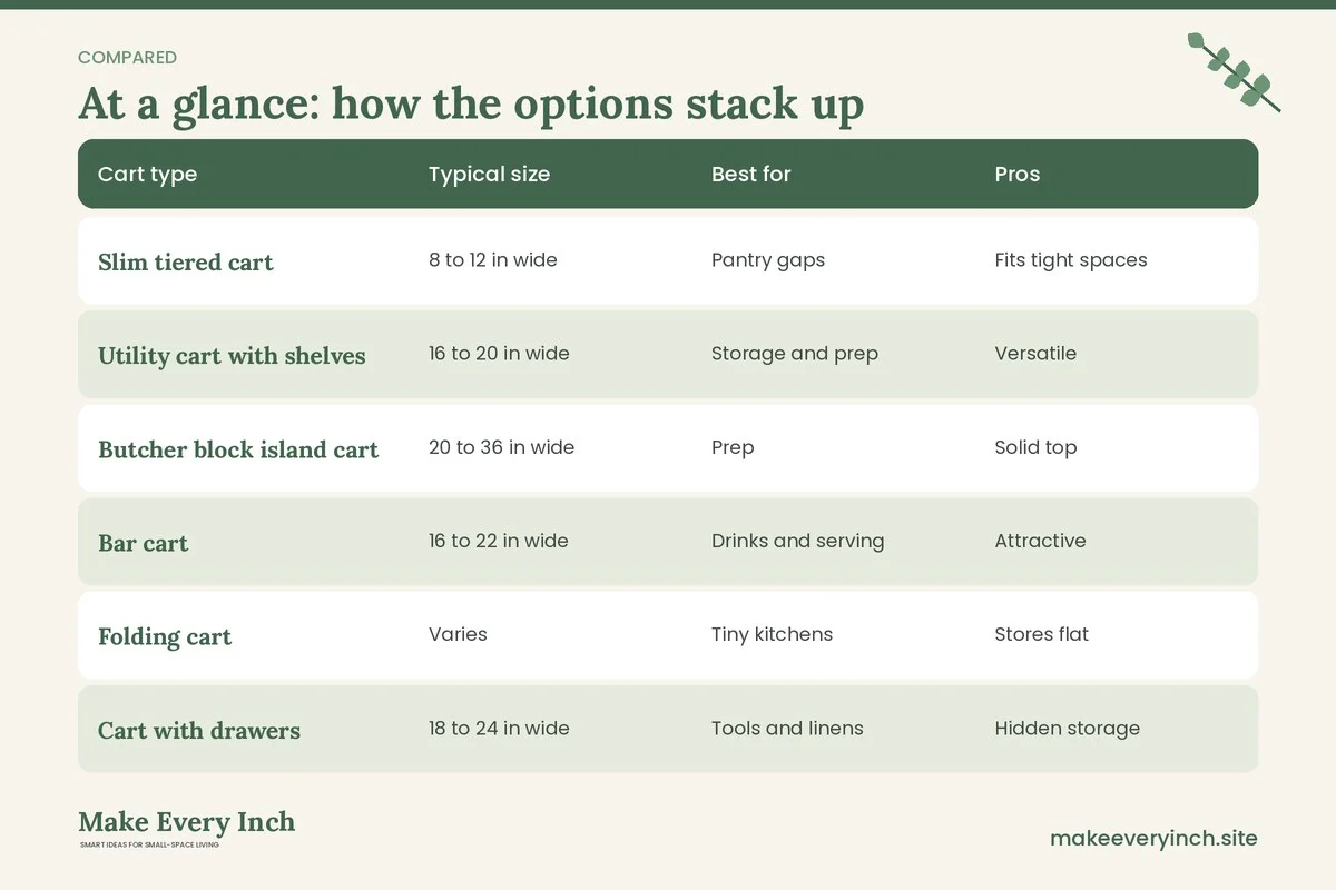 Comparison table of options for: 19 Small Kitchen Cart Ideas for Extra Counter and Storage (Cart type, Typical size, Best for, Pros)