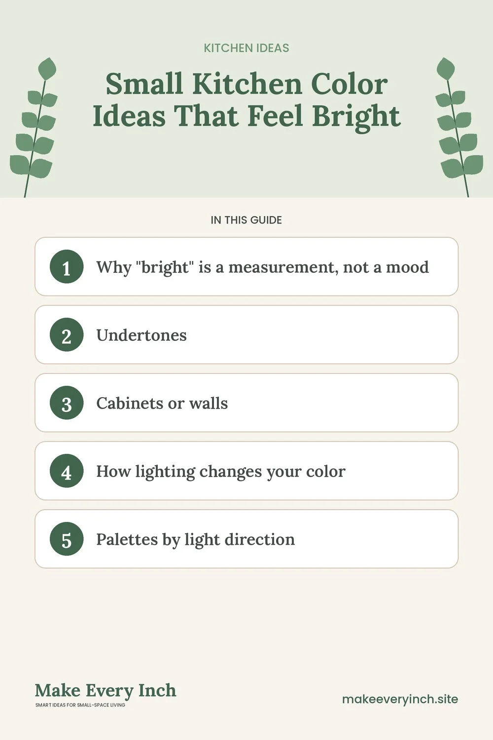 Pinterest pin listing the main topics in: Small Kitchen Color Ideas That Feel Bright