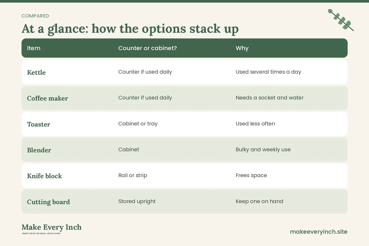 Comparison table of options for: 19 Small Kitchen Counter Organization Ideas for More Workspace (Item, Counter or cabinet?, Why)