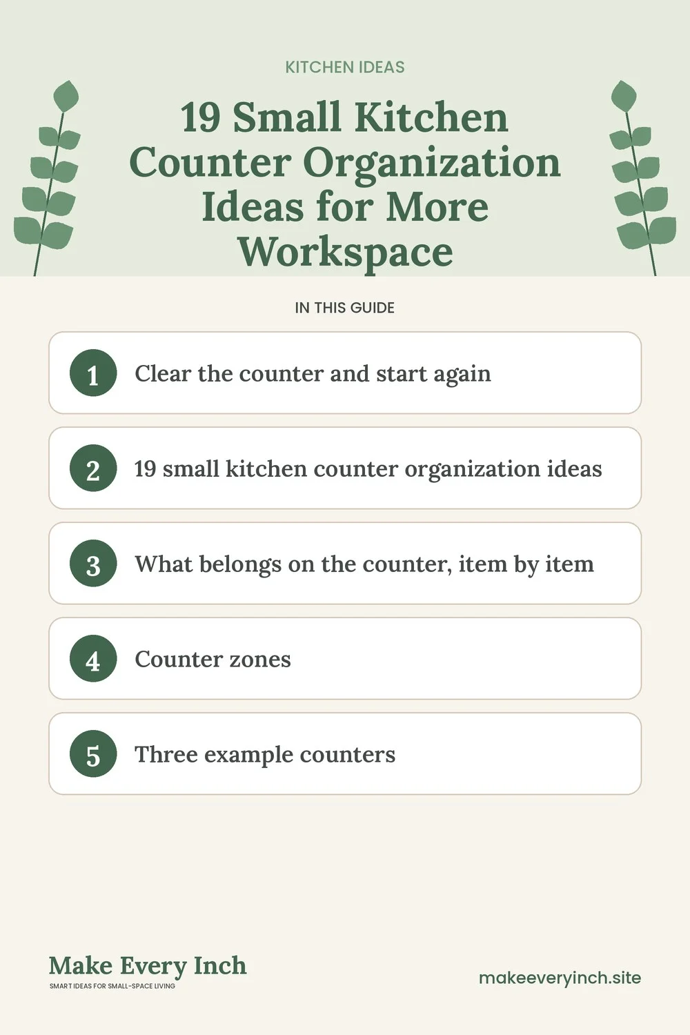 Pinterest pin listing the main topics in: 19 Small Kitchen Counter Organization Ideas for More Workspace