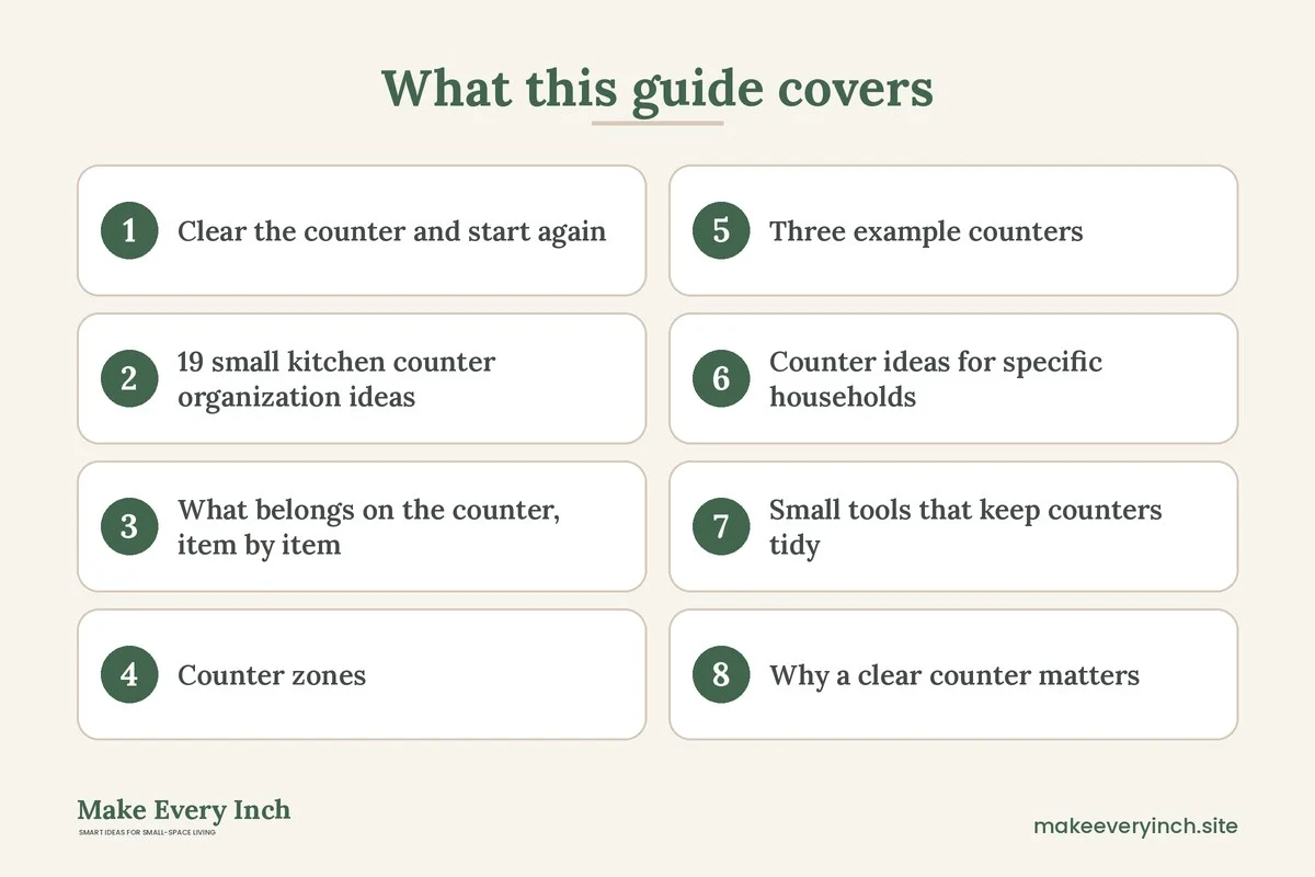 Graphic listing 8 topics covered in: 19 Small Kitchen Counter Organization Ideas for More Workspace