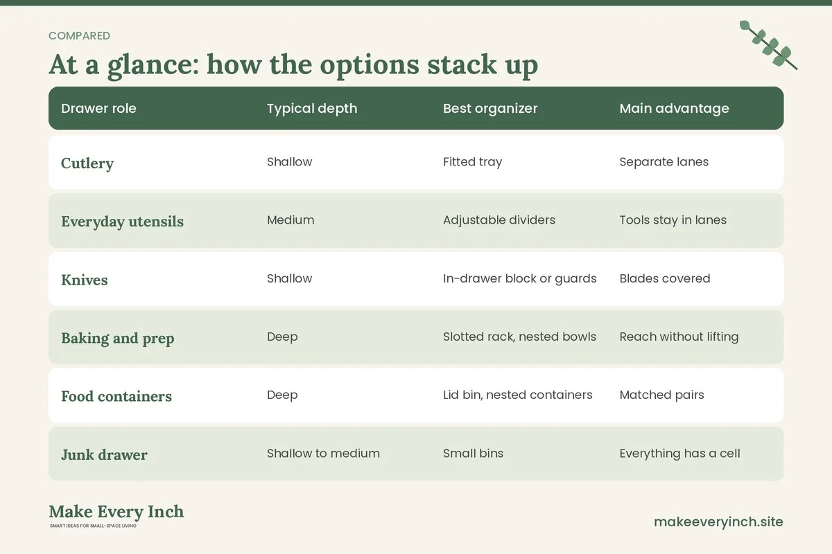 Comparison table of options for: Small Kitchen Drawer Organization Ideas (Drawer role, Typical depth, Best organizer, Main advantage)