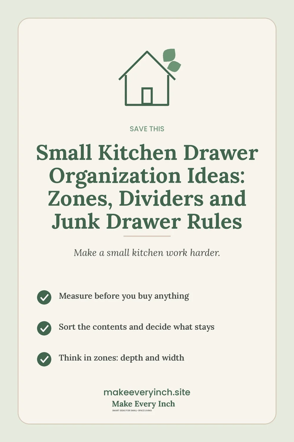 Save-this Pinterest pin with a short checklist for: Small Kitchen Drawer Organization Ideas