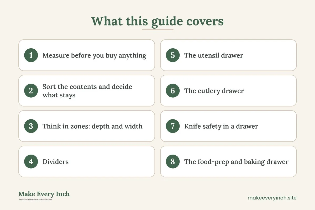Graphic listing 8 topics covered in: Small Kitchen Drawer Organization Ideas
