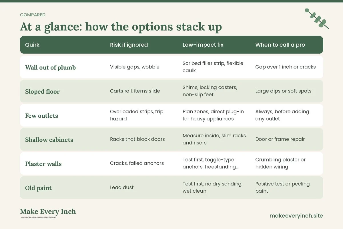 Comparison table of options for: Small Kitchen Ideas for Older Homes (Quirk, Risk if ignored, Low-impact fix, When to call a pro)