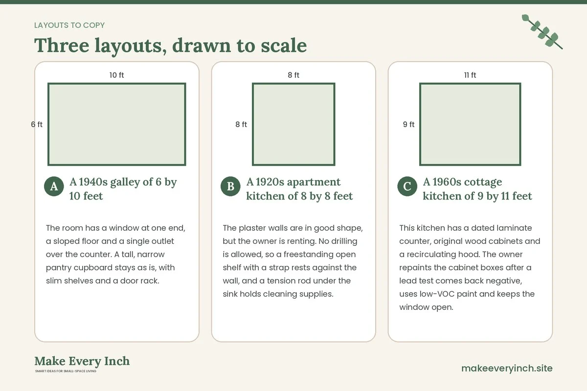 Three room layouts drawn to scale with dimensions and placement notes for: Small Kitchen Ideas for Older Homes