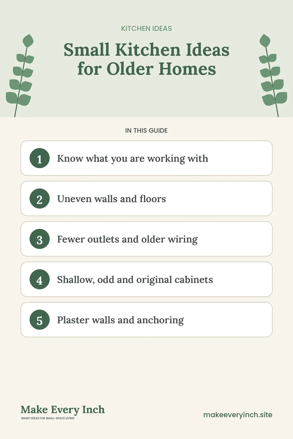 Pinterest pin listing the main topics in: Small Kitchen Ideas for Older Homes