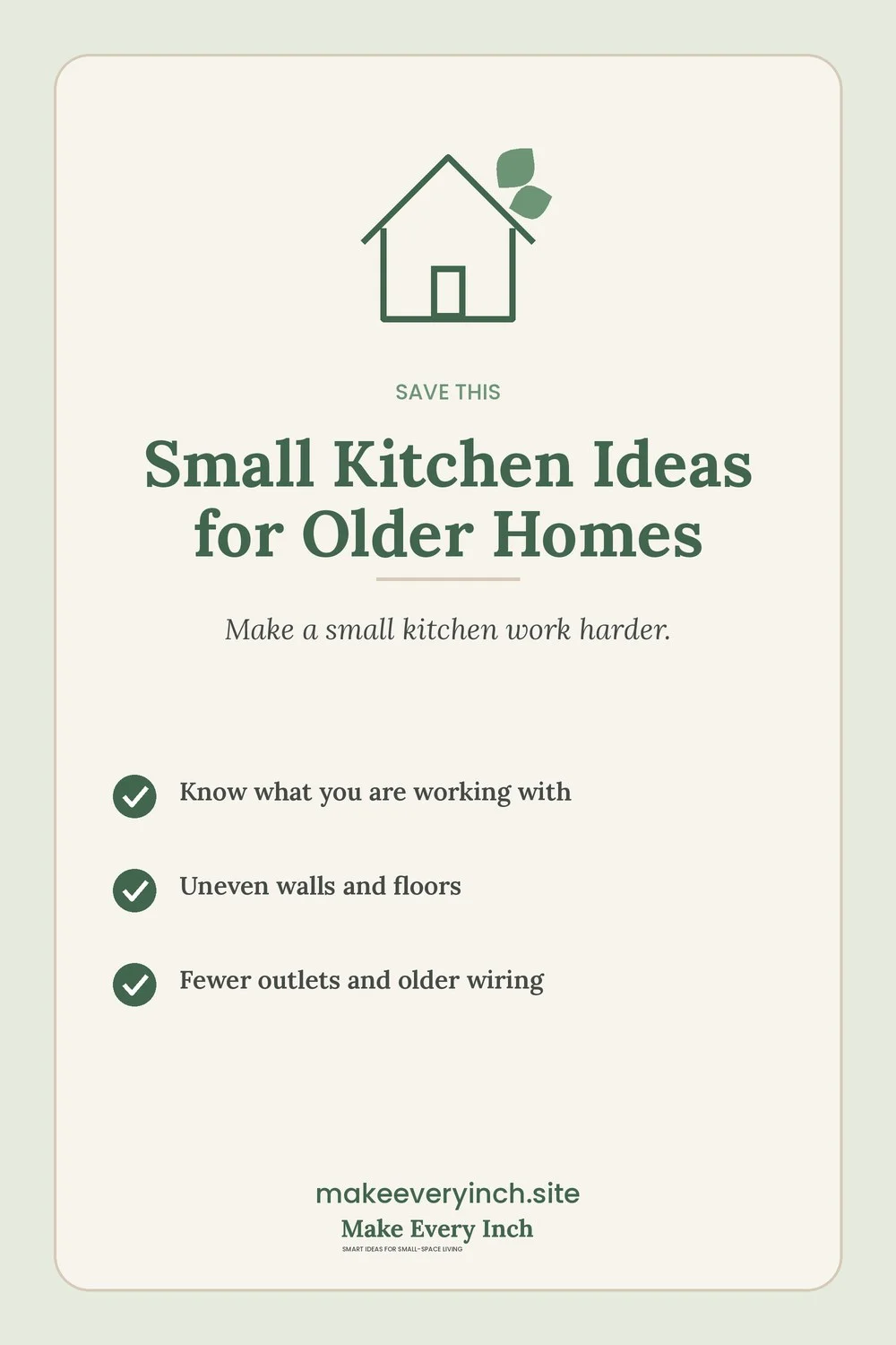 Save-this Pinterest pin with a short checklist for: Small Kitchen Ideas for Older Homes