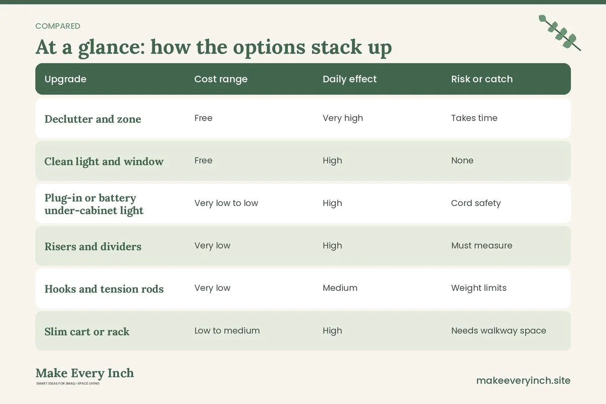 Comparison table of options for: Small Kitchen Ideas on a Budget (Upgrade, Cost range, Daily effect, Risk or catch)