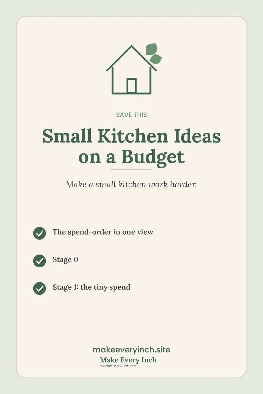 Save-this Pinterest pin with a short checklist for: Small Kitchen Ideas on a Budget