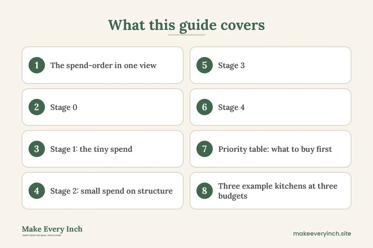 Graphic listing 8 topics covered in: Small Kitchen Ideas on a Budget