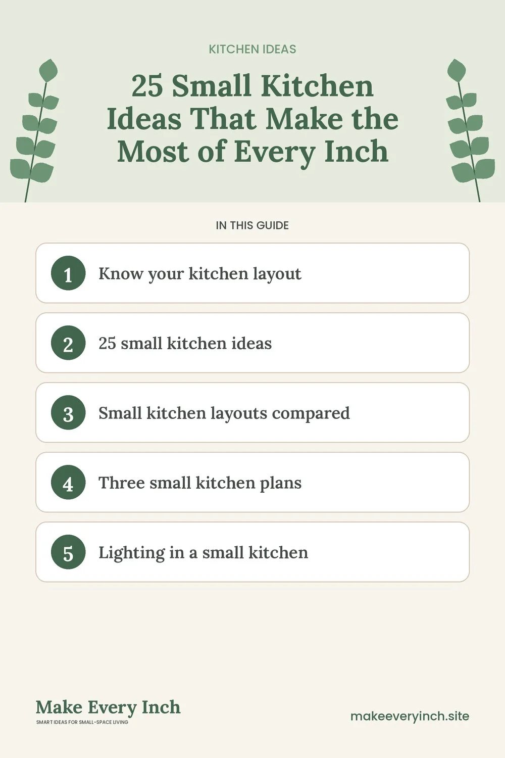 Pinterest pin listing the main topics in: 25 Small Kitchen Ideas That Make the Most of Every Inch
